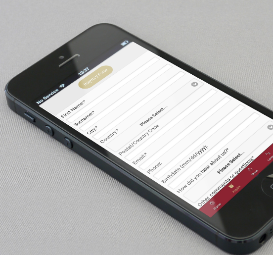 A black smart phone displays the IXU app inquiry form