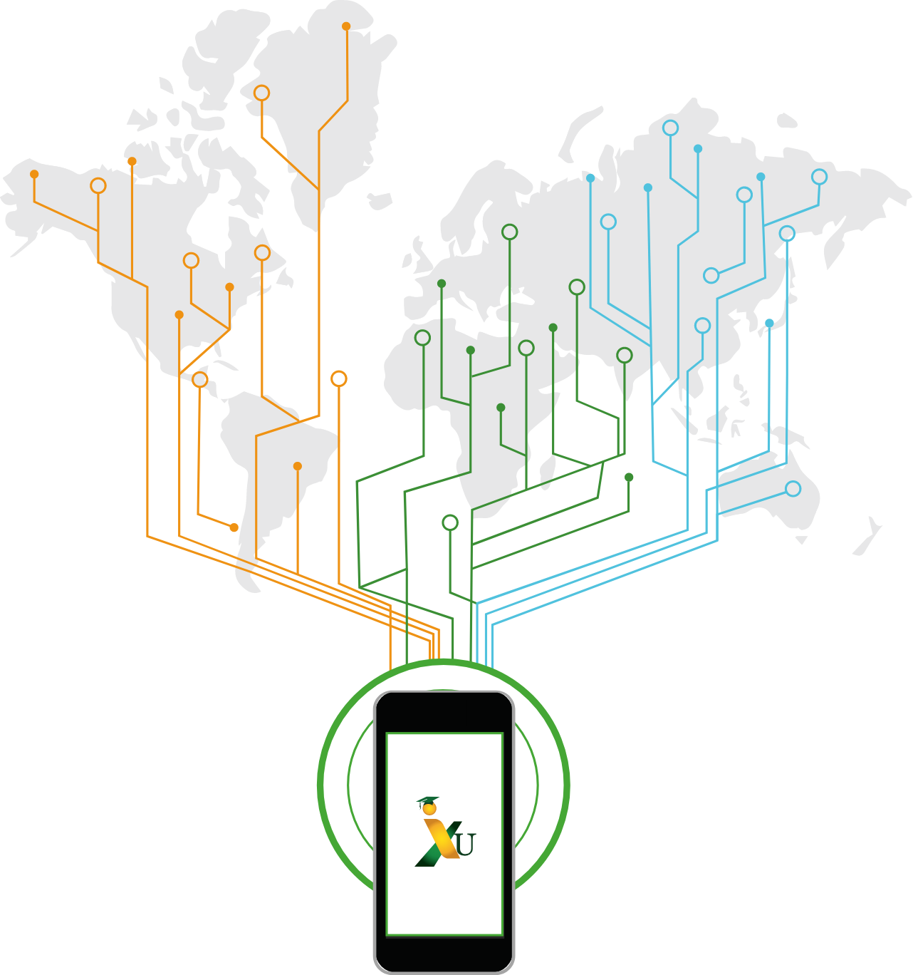 IXU logo on black smartphone under a map of the world