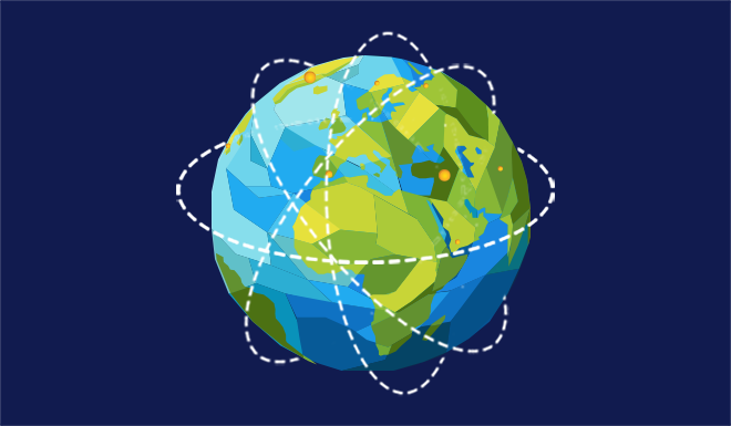 an illustration of earth is crossed by curved lines that intersect